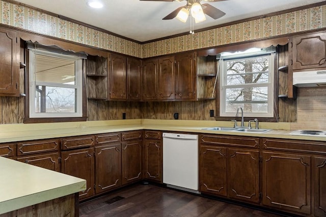 kitchen with crown molding, sink, dark hardwood / wood-style floors, and white appliances