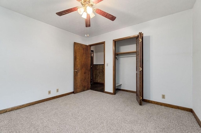 unfurnished bedroom with light colored carpet and ceiling fan