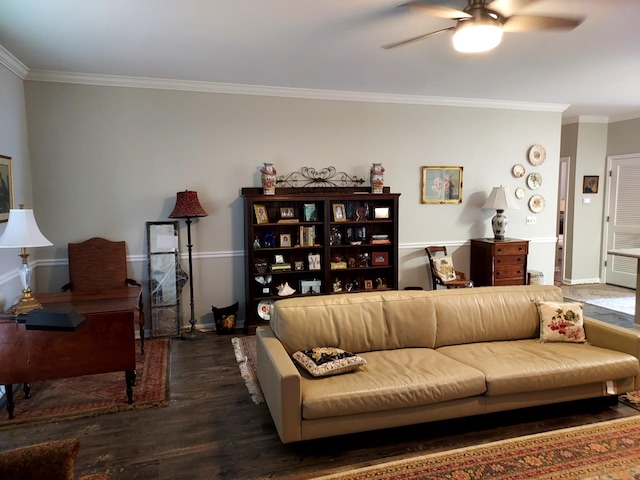 living room featuring ceiling fan, crown molding, and dark wood-type flooring