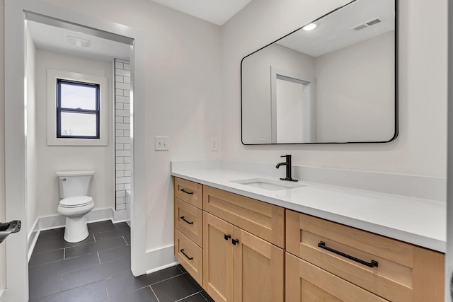 bathroom featuring tile patterned floors, vanity, and toilet