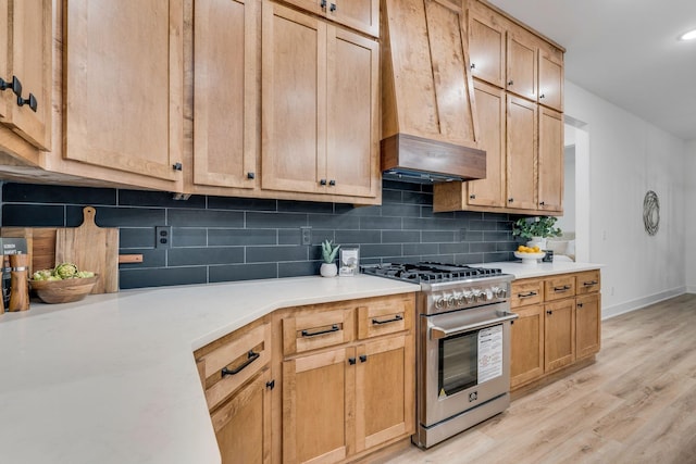 kitchen with ventilation hood, high end range, light hardwood / wood-style flooring, and tasteful backsplash