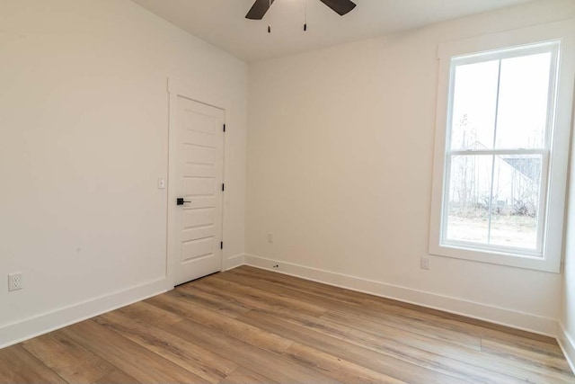 unfurnished room with light wood-type flooring and ceiling fan