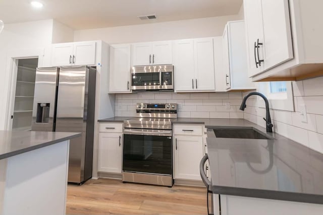 kitchen with white cabinets, sink, light wood-type flooring, tasteful backsplash, and stainless steel appliances