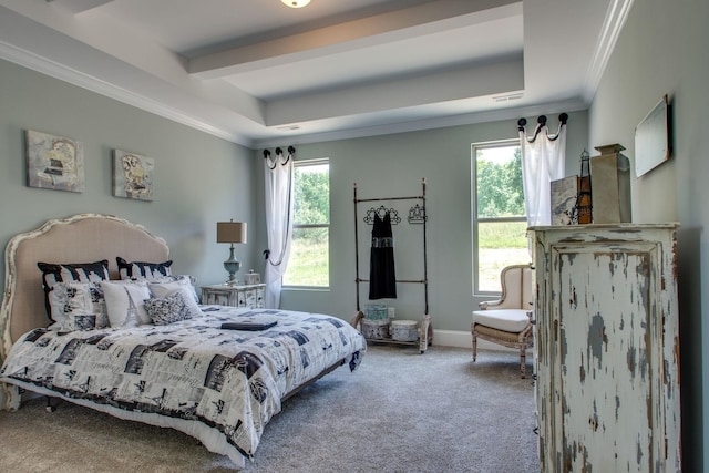 carpeted bedroom featuring a tray ceiling, multiple windows, and ornamental molding