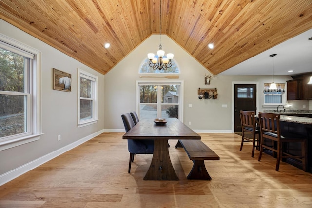 dining room featuring vaulted ceiling, wooden ceiling, light wood-type flooring, and an inviting chandelier