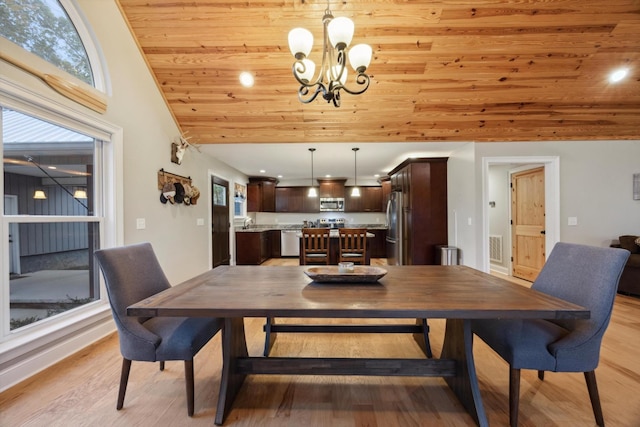 dining area featuring a notable chandelier, wood ceiling, high vaulted ceiling, and light hardwood / wood-style flooring