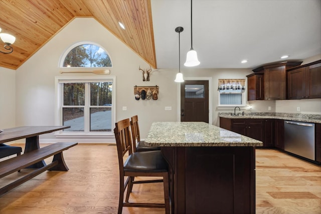 kitchen with a center island, wooden ceiling, hanging light fixtures, stainless steel dishwasher, and light wood-type flooring