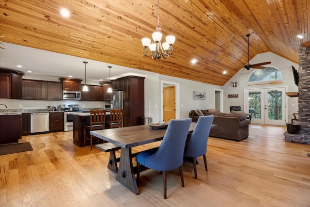 dining space featuring french doors, high vaulted ceiling, wood ceiling, and light hardwood / wood-style flooring