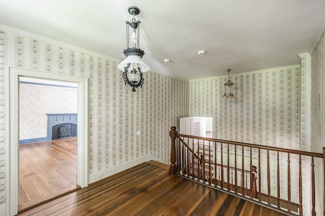 interior space featuring dark hardwood / wood-style flooring and ornamental molding