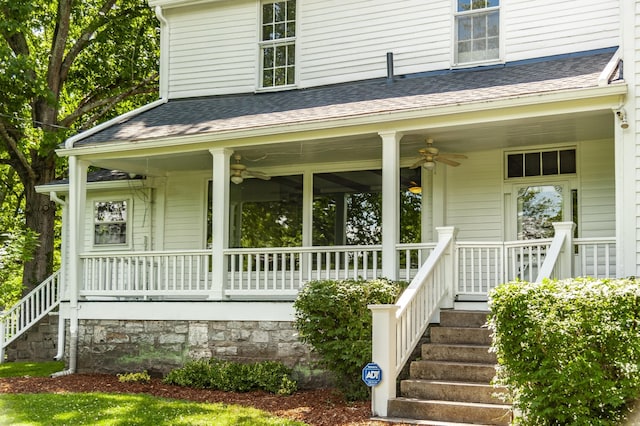 property entrance featuring covered porch and ceiling fan