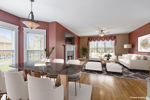 dining space featuring a lit fireplace, a ceiling fan, and wood finished floors