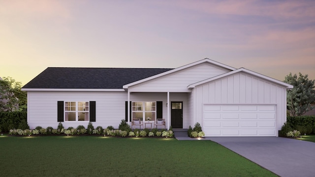 single story home with a garage, covered porch, and a lawn