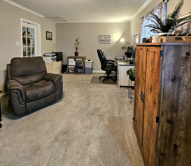 office area with light colored carpet, a textured ceiling, and ornamental molding