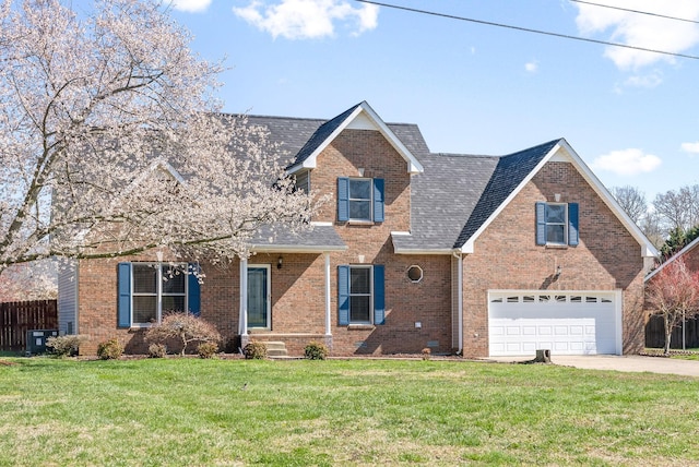 view of front of home with a garage, a front lawn, and central air condition unit