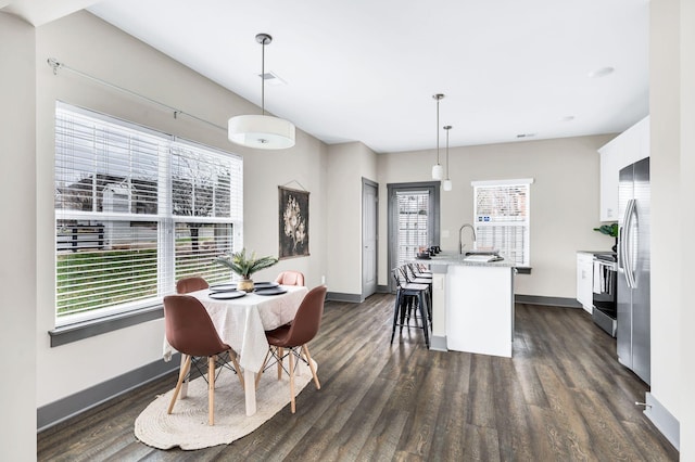 dining area with sink and dark wood-type flooring