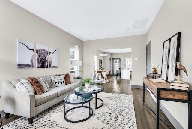 living room featuring dark hardwood / wood-style flooring