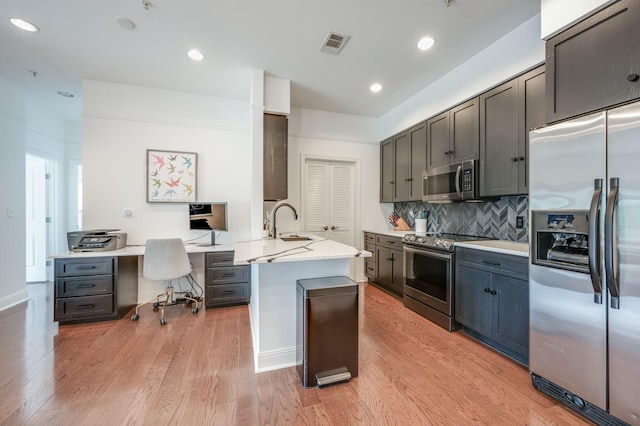 kitchen featuring sink, stainless steel appliances, a breakfast bar area, decorative backsplash, and light wood-type flooring