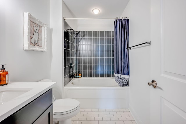 full bathroom featuring vanity, tile patterned flooring, shower / bathtub combination with curtain, and toilet