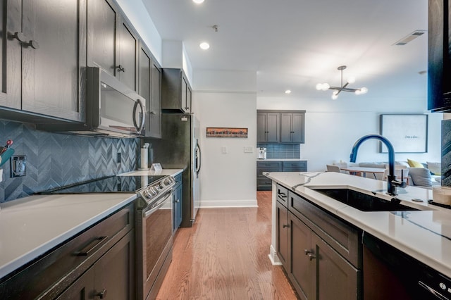 kitchen with decorative backsplash, light hardwood / wood-style floors, sink, and stainless steel appliances