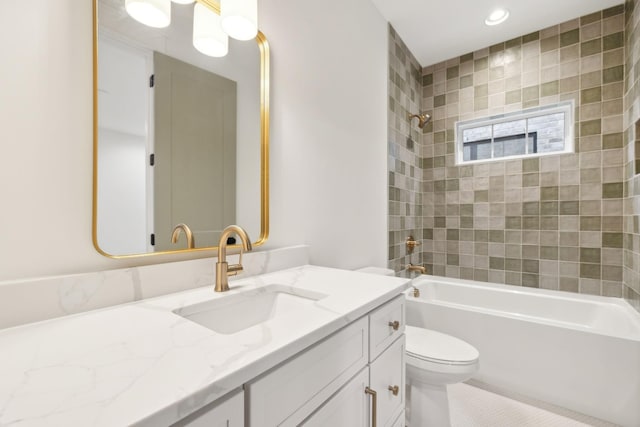 full bathroom featuring vanity, shower / bathing tub combination, toilet, and tile patterned floors