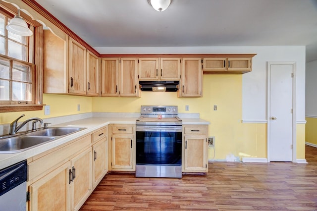 kitchen featuring appliances with stainless steel finishes, light countertops, a sink, and under cabinet range hood