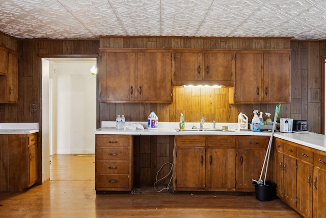 kitchen with hardwood / wood-style flooring, sink, and wood walls