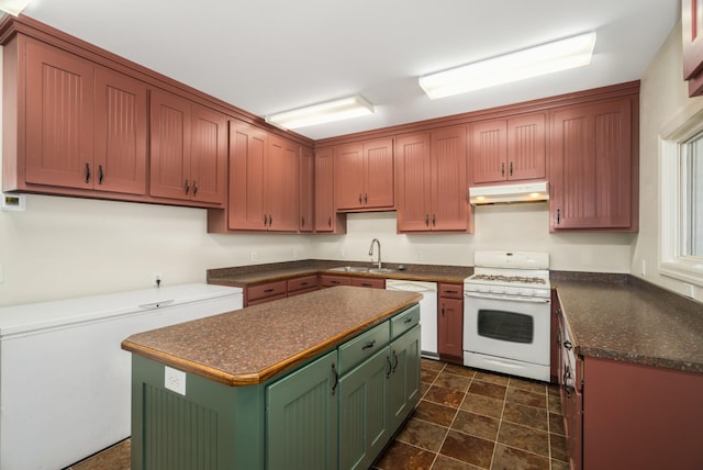 kitchen with a center island, white appliances, and sink