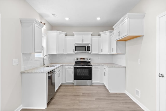 kitchen featuring white cabinets, sink, decorative backsplash, appliances with stainless steel finishes, and light hardwood / wood-style floors