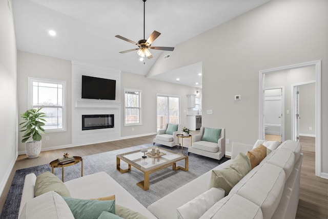 living room with hardwood / wood-style floors, high vaulted ceiling, a fireplace, and a wealth of natural light