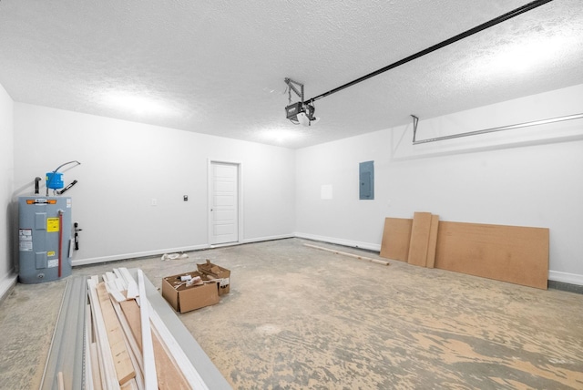 garage featuring electric panel, electric water heater, and a garage door opener