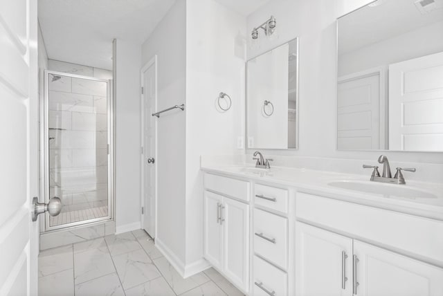 bathroom featuring vanity and a shower with door