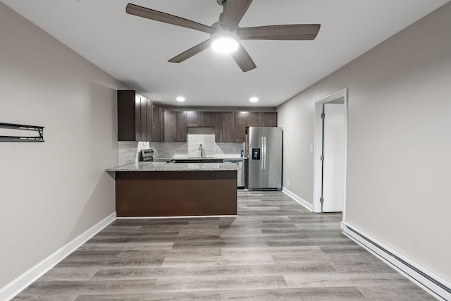 kitchen with kitchen peninsula, appliances with stainless steel finishes, decorative backsplash, dark brown cabinetry, and baseboard heating