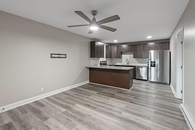 kitchen featuring kitchen peninsula, appliances with stainless steel finishes, dark brown cabinetry, baseboard heating, and ceiling fan