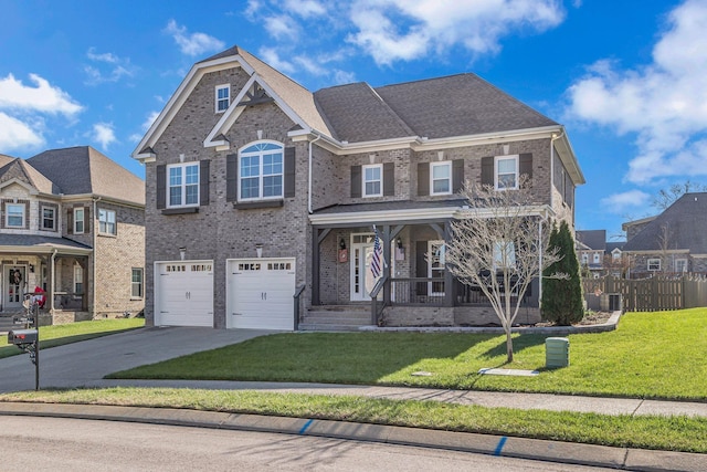 view of front of house featuring covered porch, a garage, and a front yard