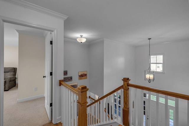 hallway with ornamental molding and light carpet