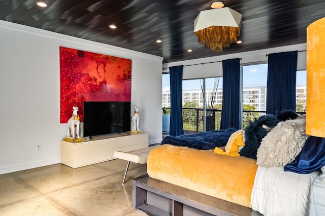 bedroom with wood ceiling and concrete floors