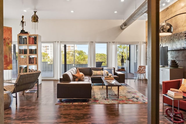 living room with a towering ceiling and dark hardwood / wood-style floors