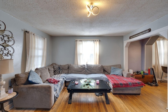 living room with hardwood / wood-style floors and a textured ceiling