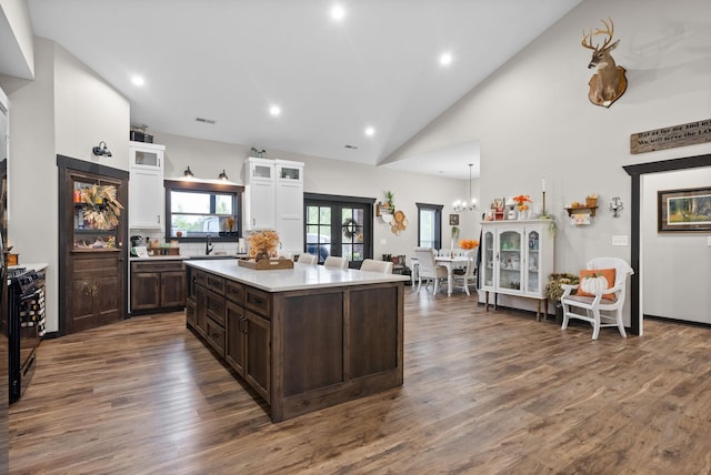 kitchen with dark brown cabinets, a kitchen island, dark hardwood / wood-style floors, and high vaulted ceiling