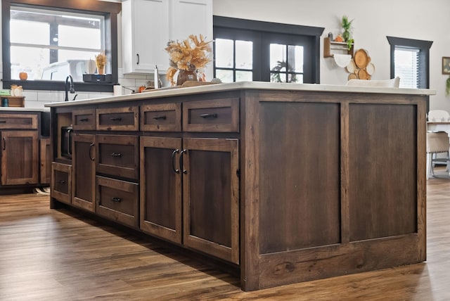 kitchen with dark brown cabinets and a healthy amount of sunlight