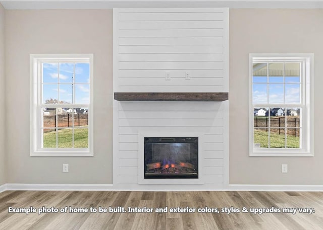 interior details featuring a large fireplace and wood-type flooring