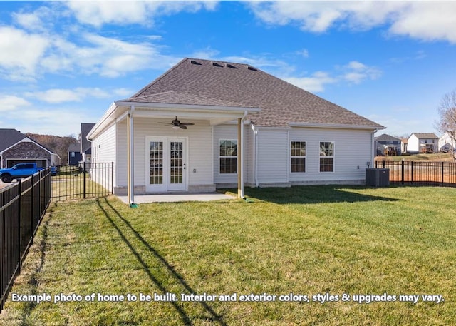 rear view of house with a lawn, ceiling fan, a patio area, and central air condition unit