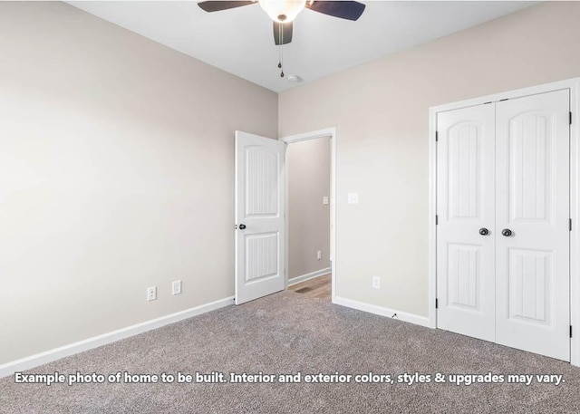 unfurnished bedroom featuring carpet flooring, ceiling fan, and a closet