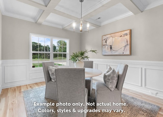 dining room with crown molding, light hardwood / wood-style flooring, an inviting chandelier, coffered ceiling, and beamed ceiling