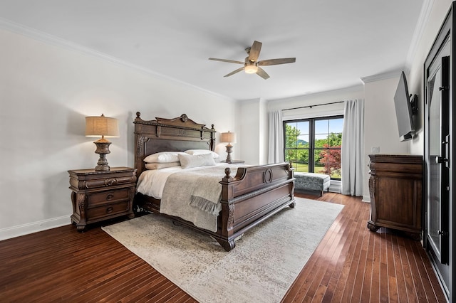 bedroom featuring ceiling fan, dark wood-type flooring, and ornamental molding