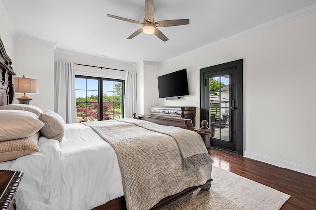 bedroom with access to outside, ceiling fan, crown molding, and dark wood-type flooring