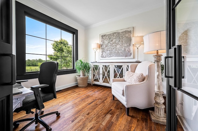 office featuring wood-type flooring and crown molding