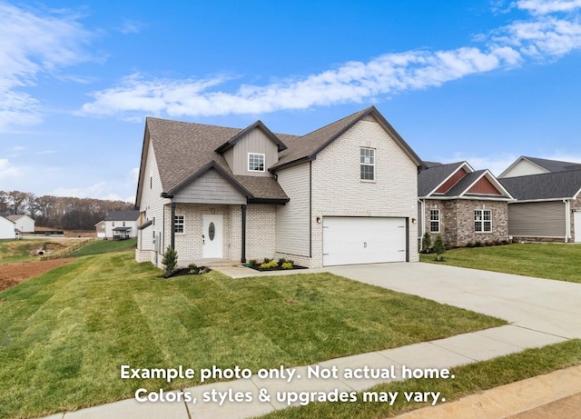 view of front of property with a garage and a front lawn