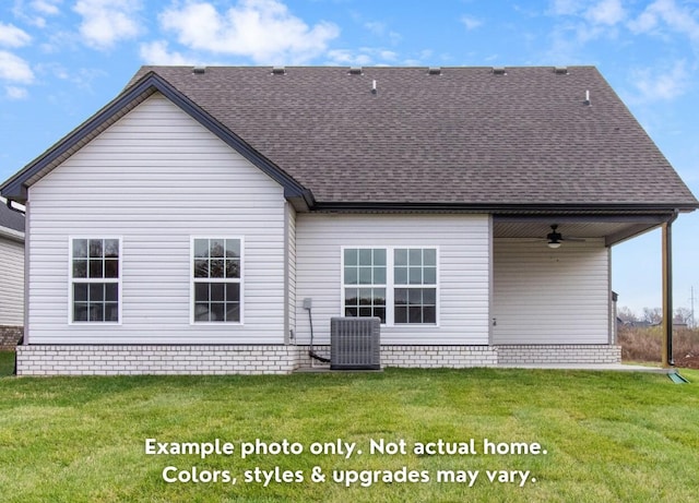 rear view of property with central AC, ceiling fan, and a lawn