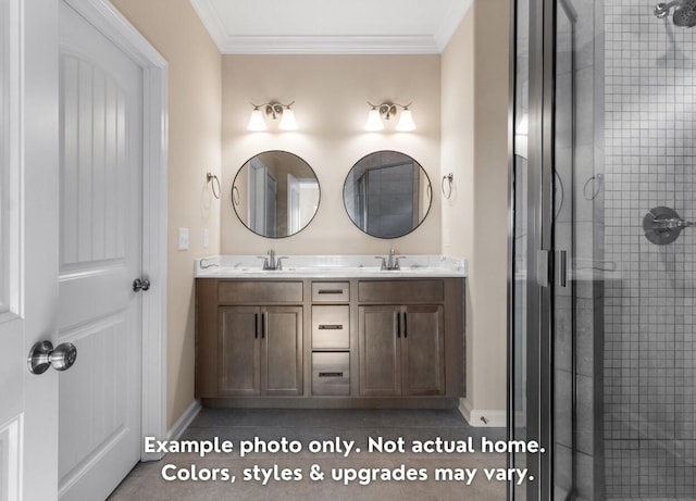 bathroom featuring tile patterned flooring, vanity, crown molding, and a shower with door